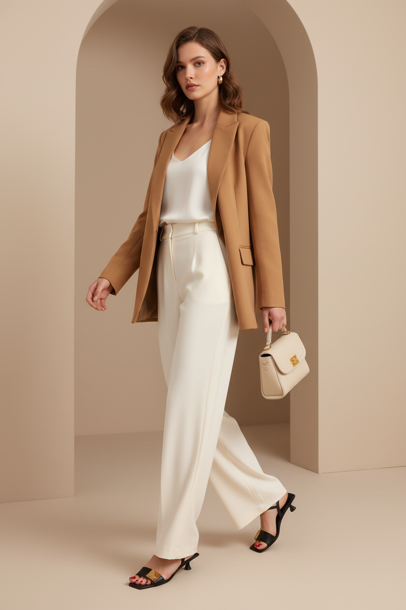Tam Boy Yürüyüş - Krem Pantolon & Kamel Blazer
