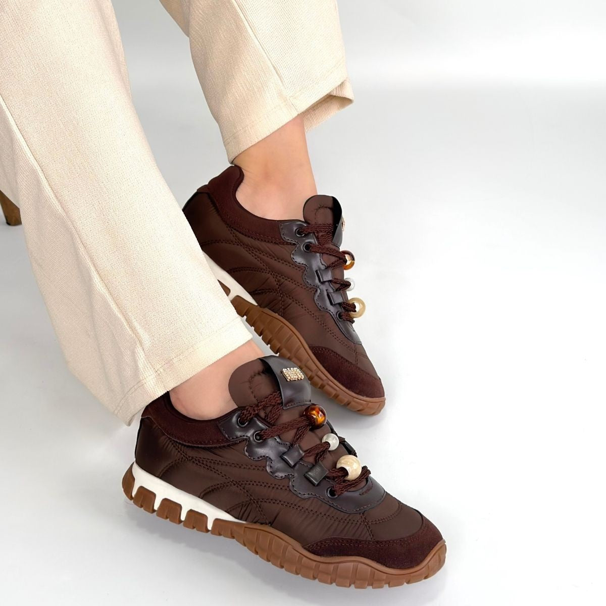 Tues Kadın Kahverengi Nubuk Bağcıklı Spor Ayakkabı