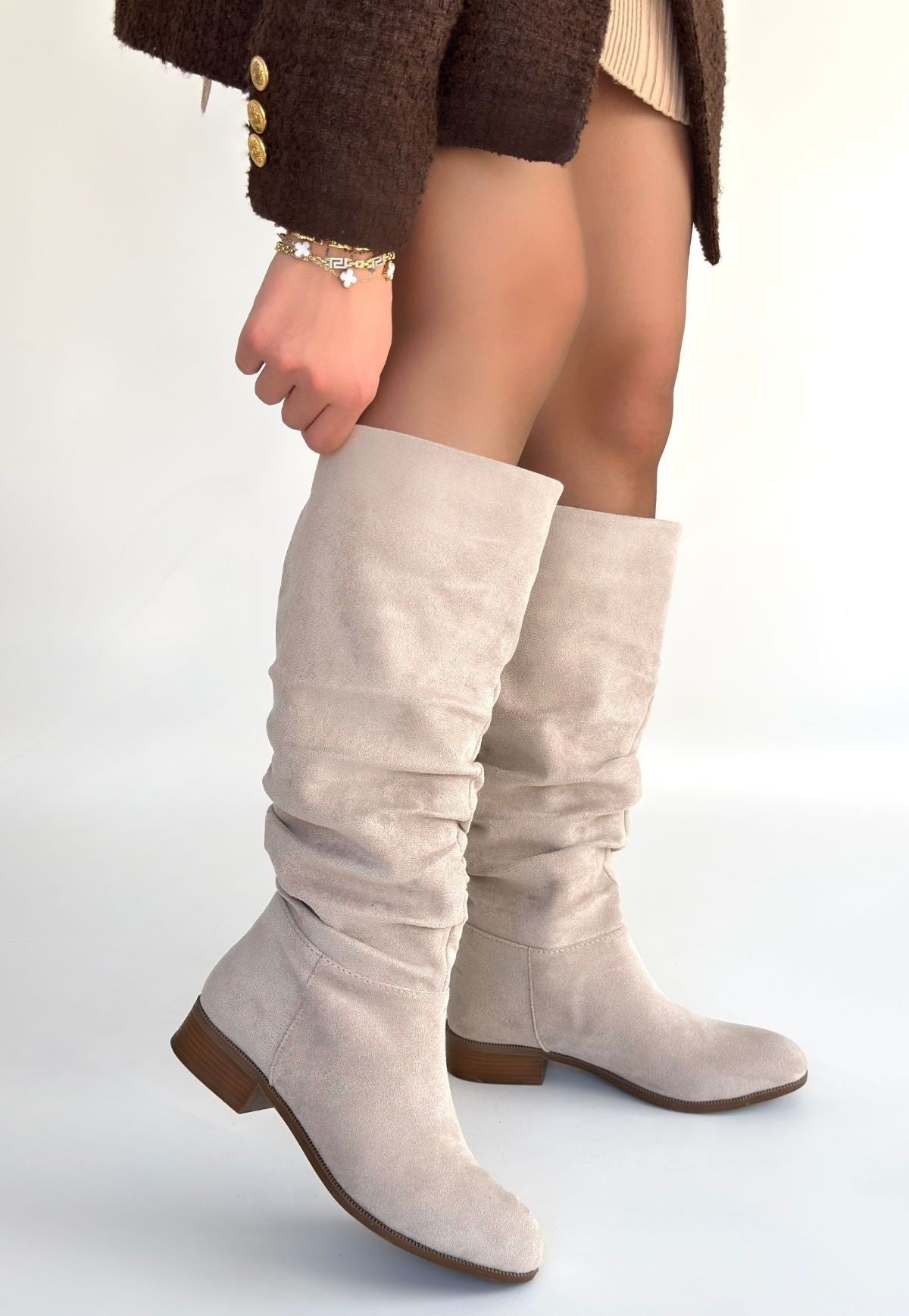 Winda Kadın Bej Süet Körüklü Kahverengi Topuklu Çizme
