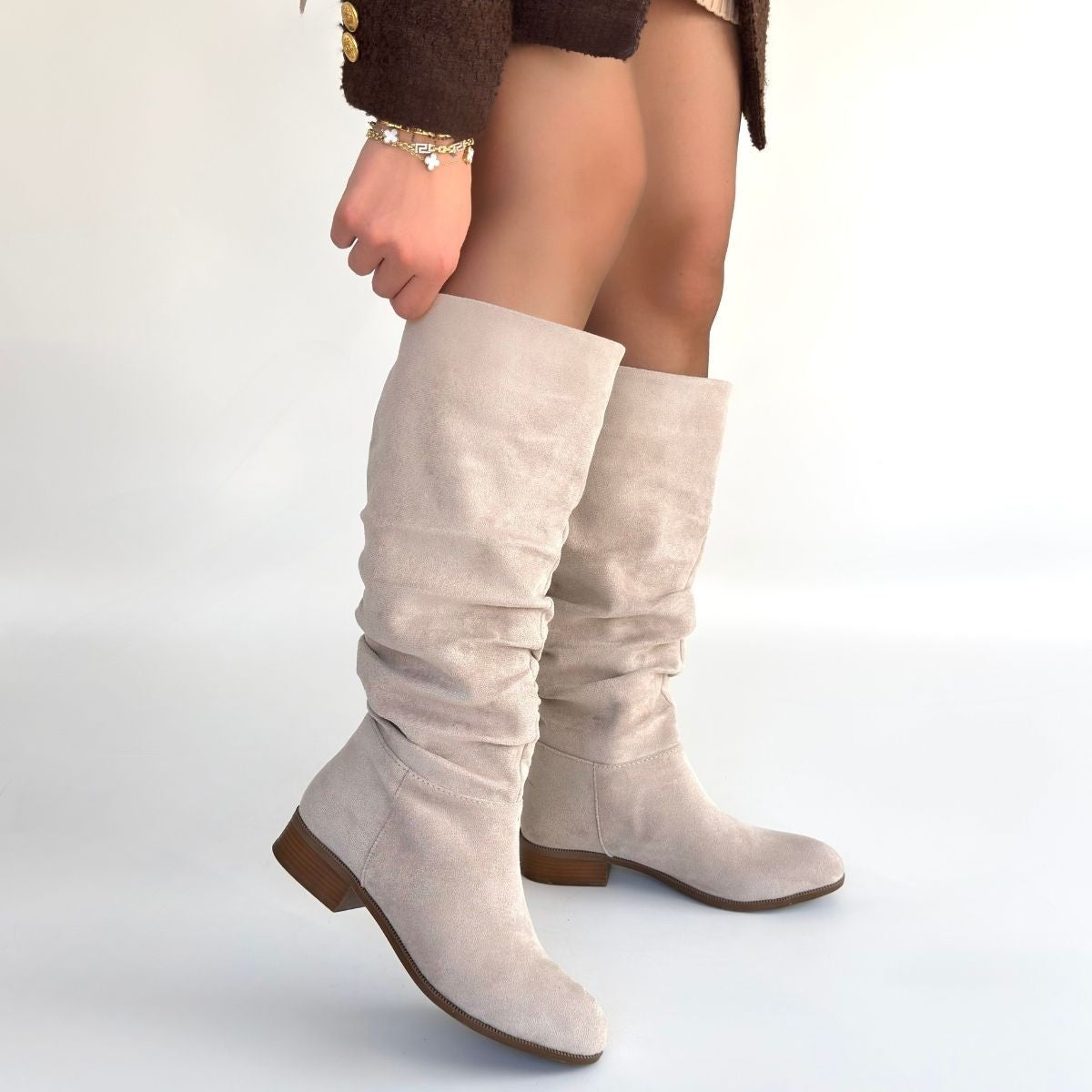 Winda Kadın Bej Süet Körüklü Kahverengi Topuklu Çizme