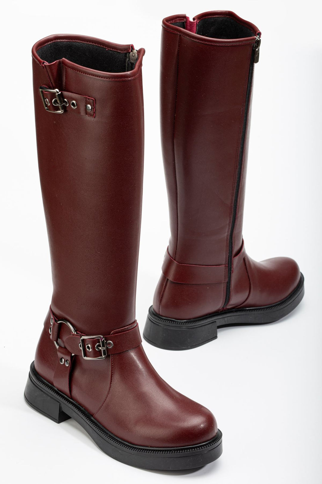 Dehun Bordo Toka Aksesuarlı Fermuarlı Kadın Çizme