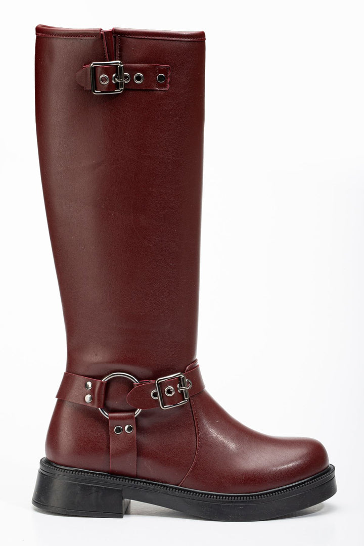 Dehun Bordo Toka Aksesuarlı Fermuarlı Kadın Çizme