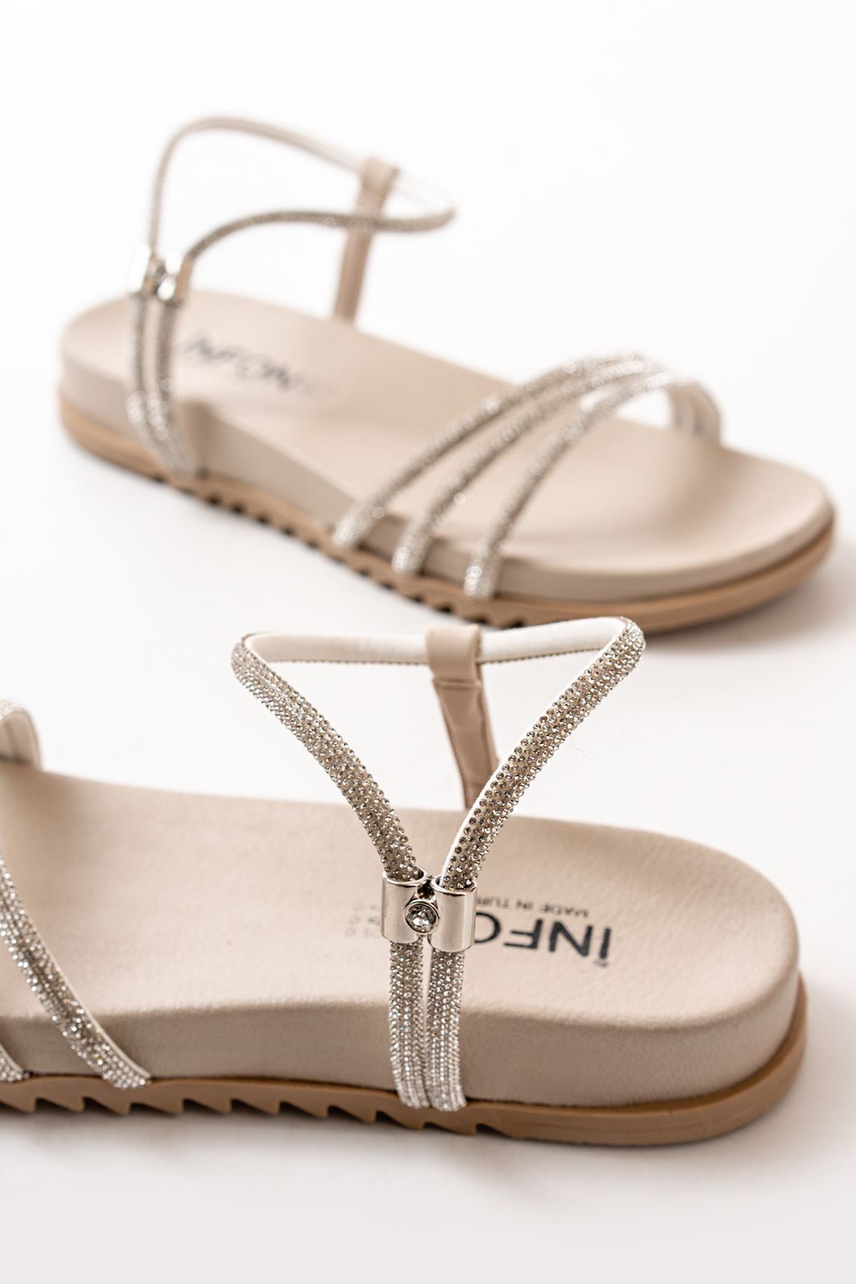 Mafes Bej Gümüş Taşlı Günlük Kadın Sandalet