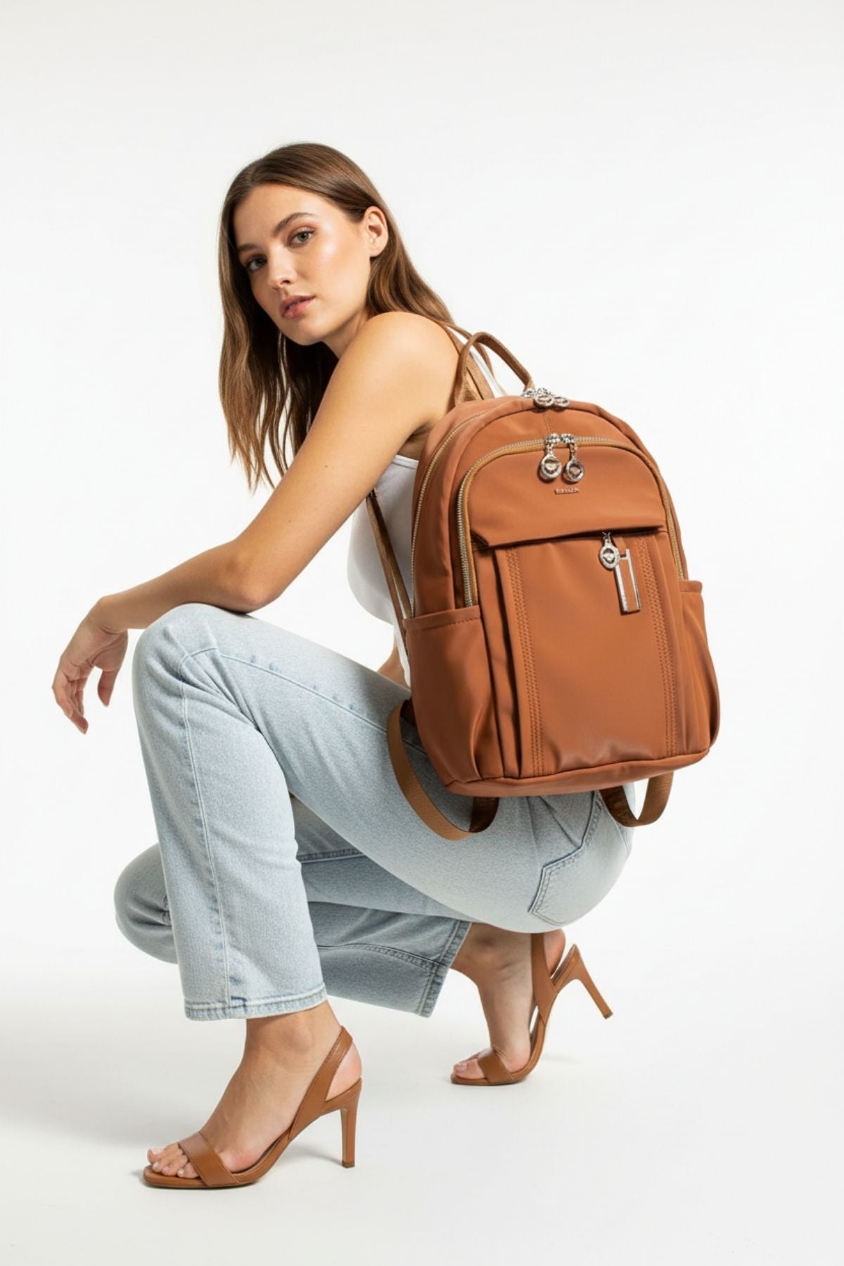 Button Kadın Saten Ayarlanbilir Askılı Sırt Çantası