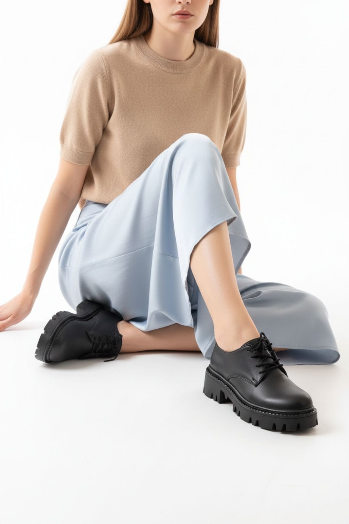 Apsely Siyah Bağcıklı Günlük Yüksek Tabanlı Loafer Ayakkabı