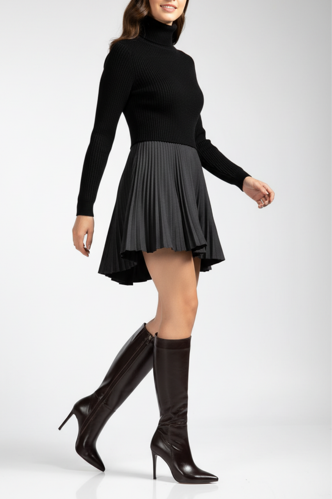 Diayen Kahve Kırışık Rugan Fermuarlı Lastikli İnce Yüksek Topuklu Kadın Çizme