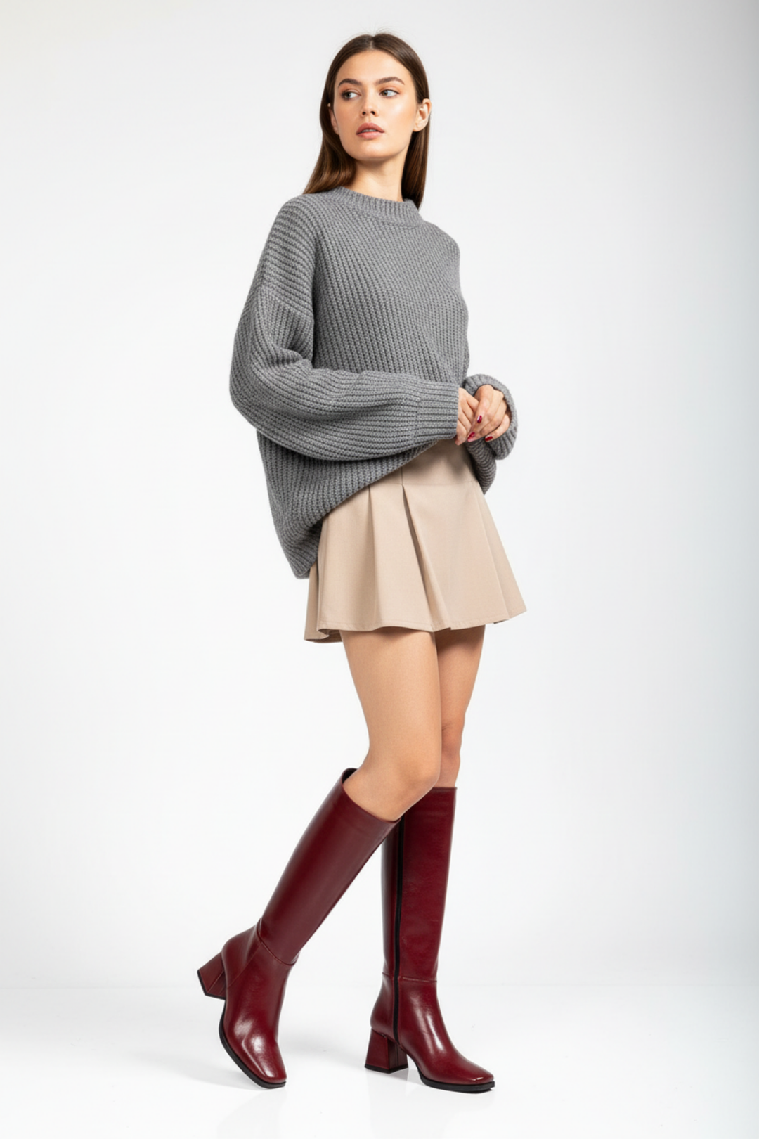 Selora Kadın Bordo Kırışık Rugan Fermuarlı Topuklu Çizme