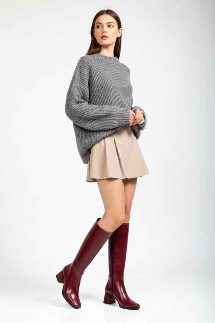 Selora Kadın Bordo Kırışık Rugan Fermuarlı Topuklu Çizme