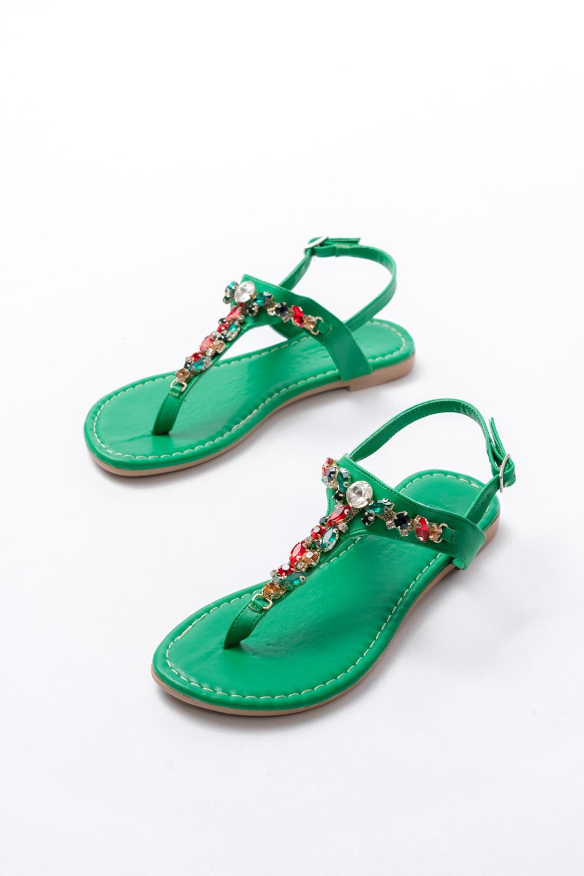 Bolvans Çimen Yeşili Multi Taşlı Parmak Arası Kadın Sandalet