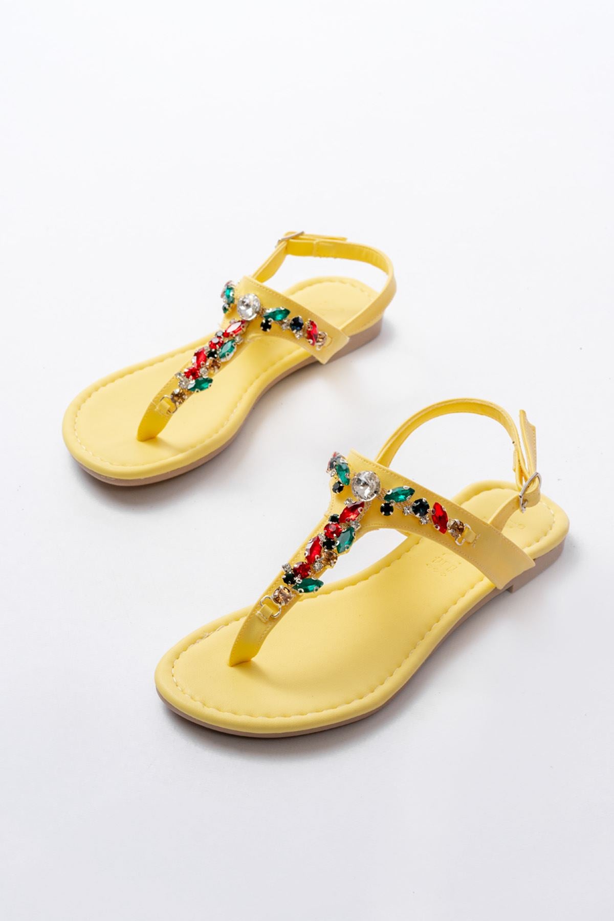 Bolvans Sarı Multi Taşlı Parmak Arası Kadın Sandalet
