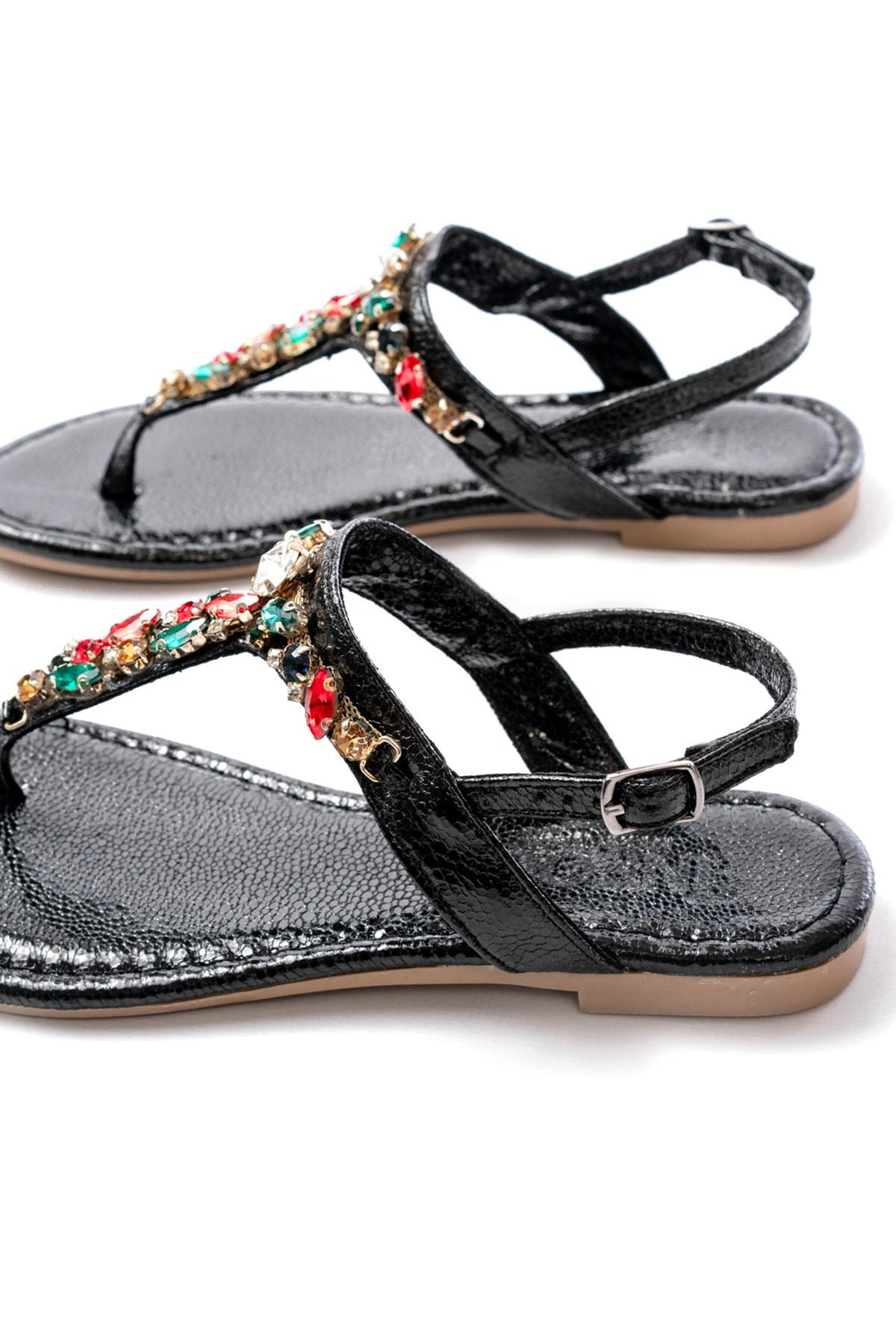 Bolvans Siyah Multi Cam Kırığı Taşlı Parmak Arası Kadın Sandalet