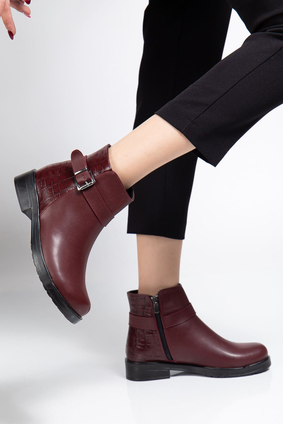 Alena Bordo Kroko Toka Aksesuarlı Fermuarlı Kadın Bot