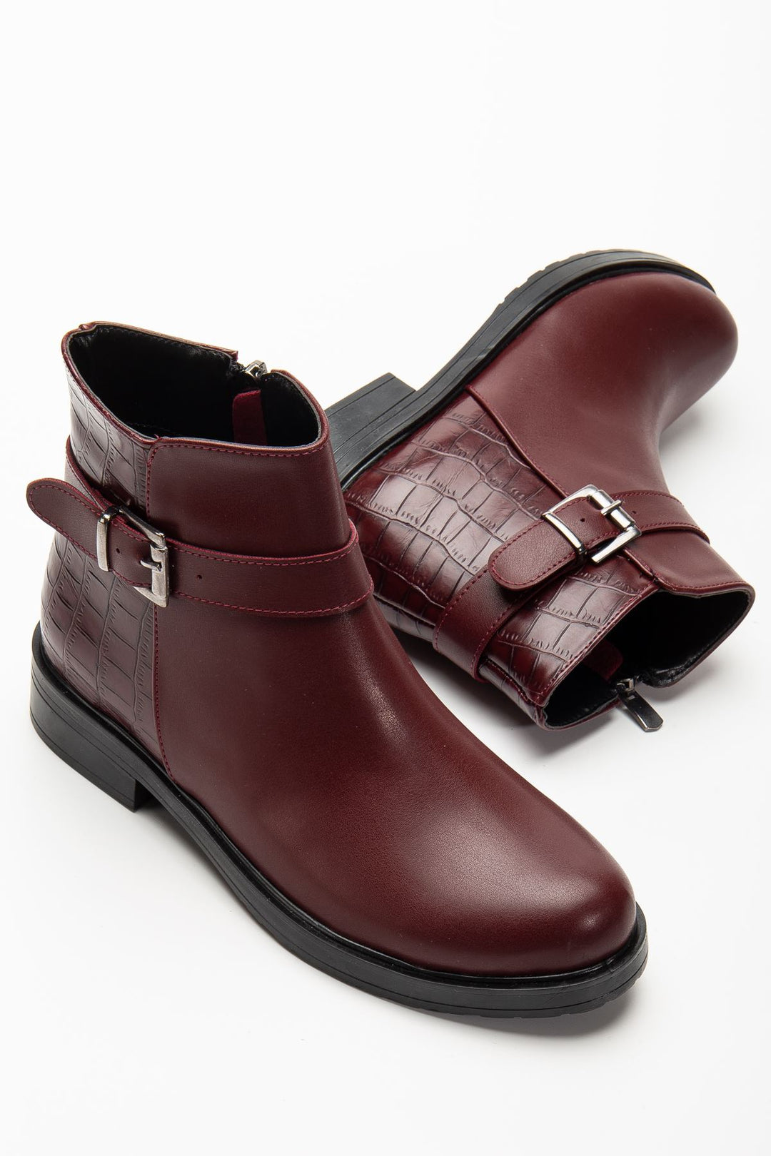 Alena Bordo Kroko Toka Aksesuarlı Fermuarlı Kadın Bot