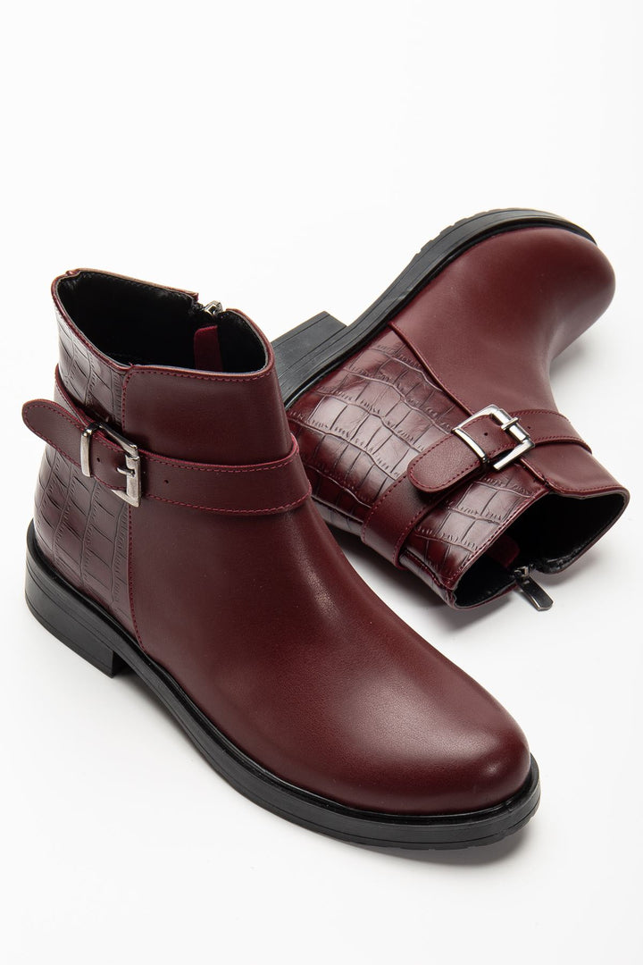 Alena Bordo Kroko Toka Aksesuarlı Fermuarlı Kadın Bot