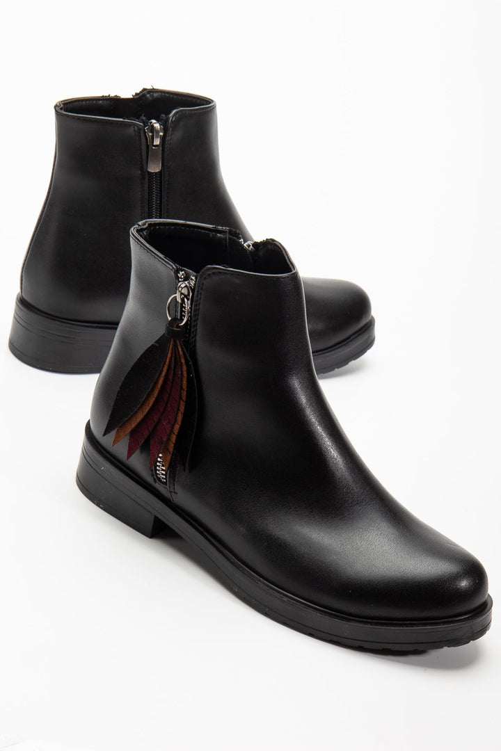 Alenyaz  Siyah Cilt Yaprak Desenli Fermuarlı Kadın Bot