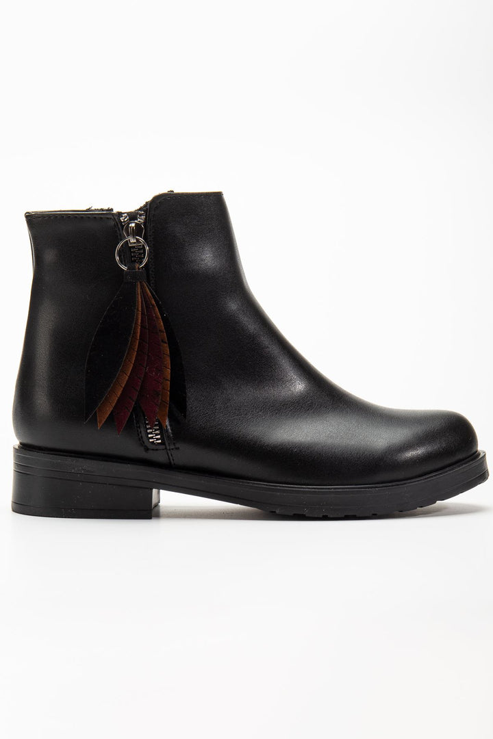 Alenyaz  Siyah Cilt Yaprak Desenli Fermuarlı Kadın Bot