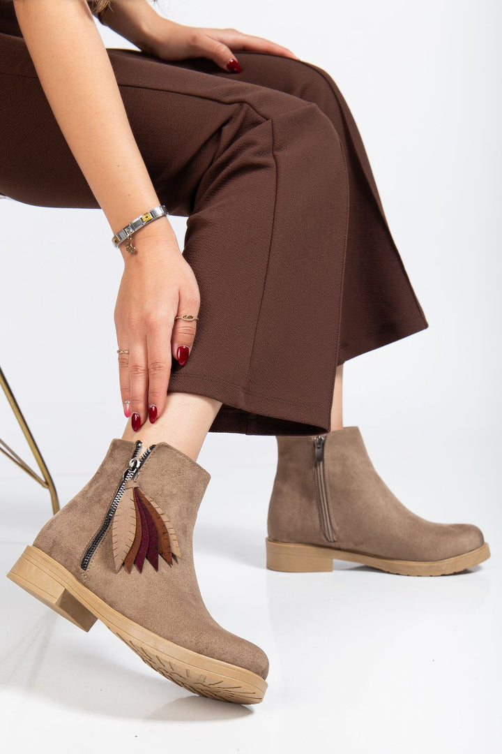 Alenyaz Vizon Süet  Yaprak Desenli Fermuarlı Kadın Bot