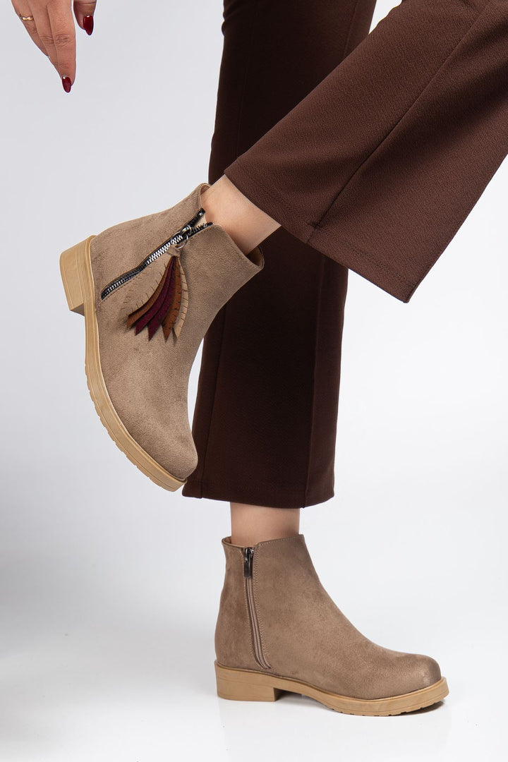 Alenyaz Vizon Süet  Yaprak Desenli Fermuarlı Kadın Bot