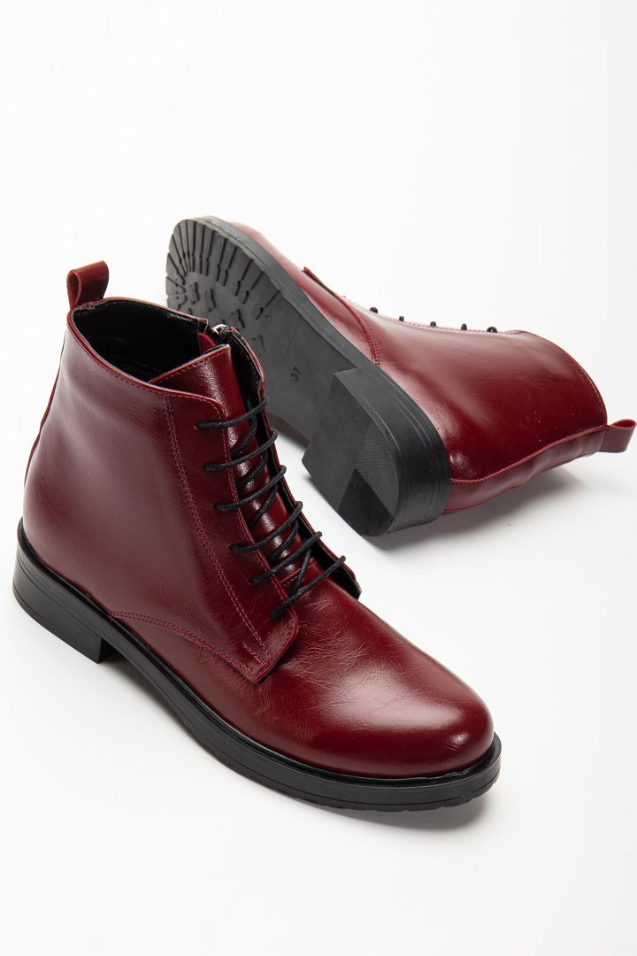 Garsu Bordo Yanki Bağcıklı Fermuarlı Kadın Bot