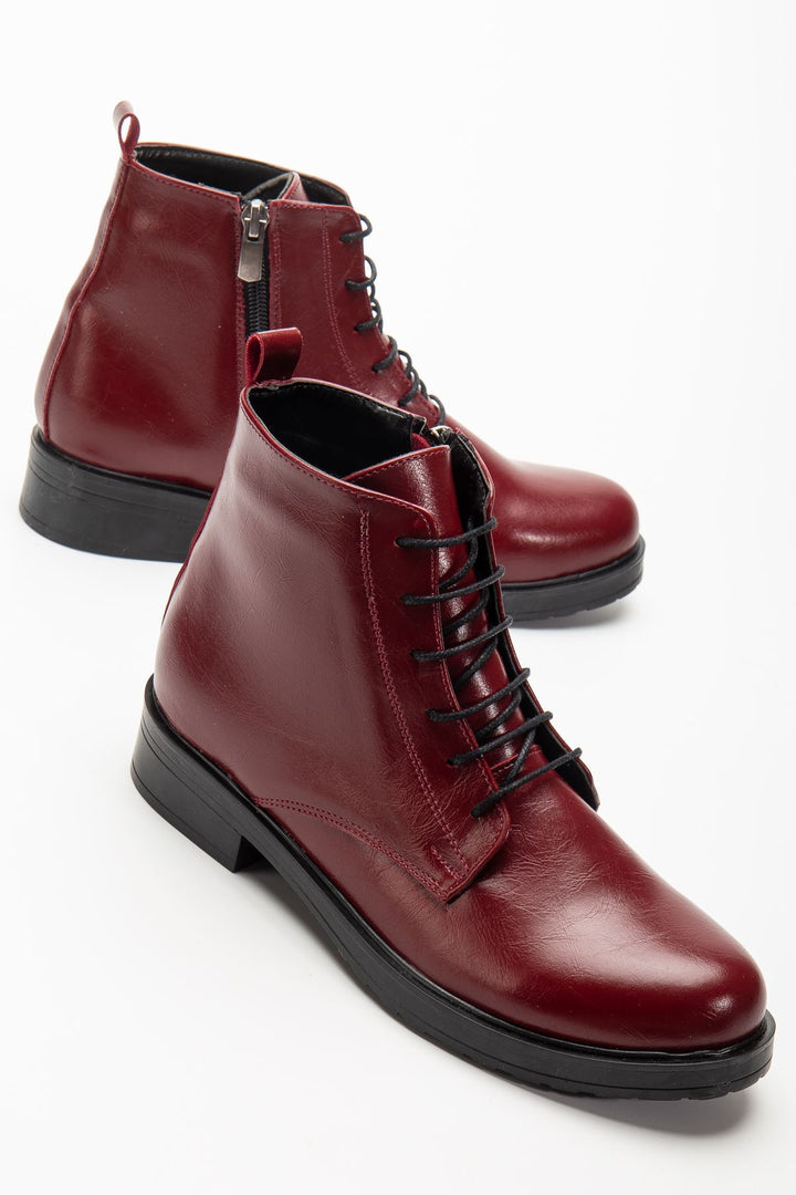 Garsu Bordo Yanki Bağcıklı Fermuarlı Kadın Bot