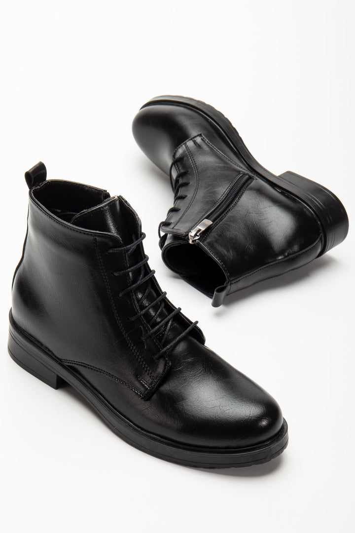 Garsu Siyah Yanki Bağcıklı Fermuarlı Kadın Bot