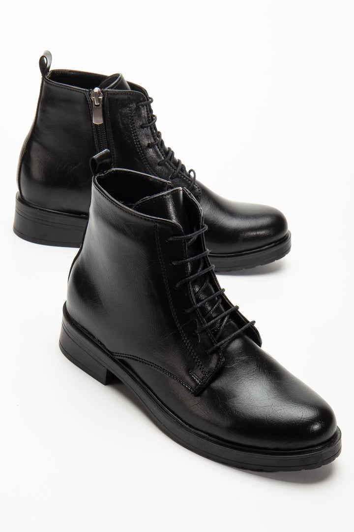 Garsu Siyah Yanki Bağcıklı Fermuarlı Kadın Bot