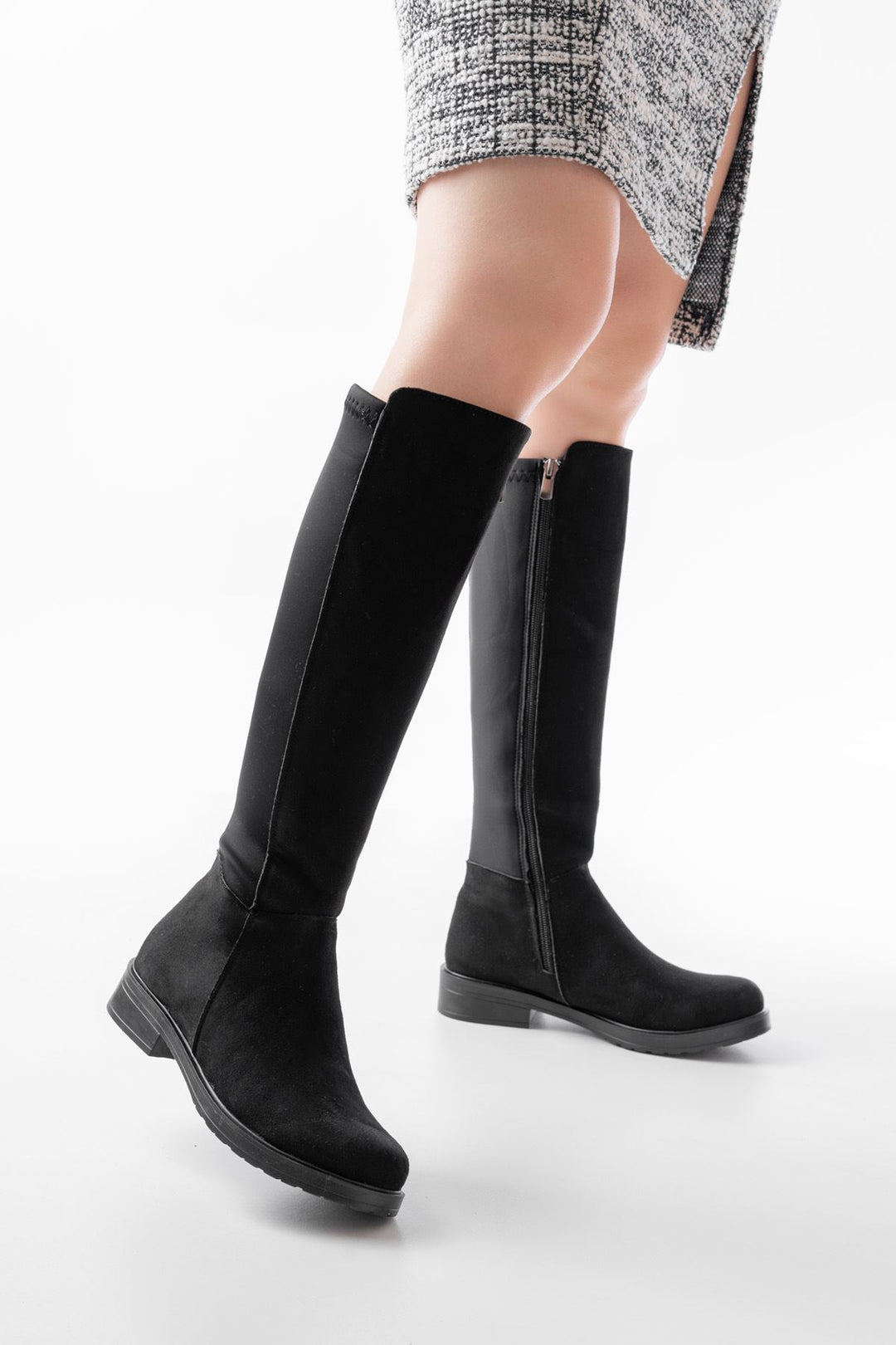 Aslina Siyah Süet Arka Streç Fermuarlı Kadın Çizme