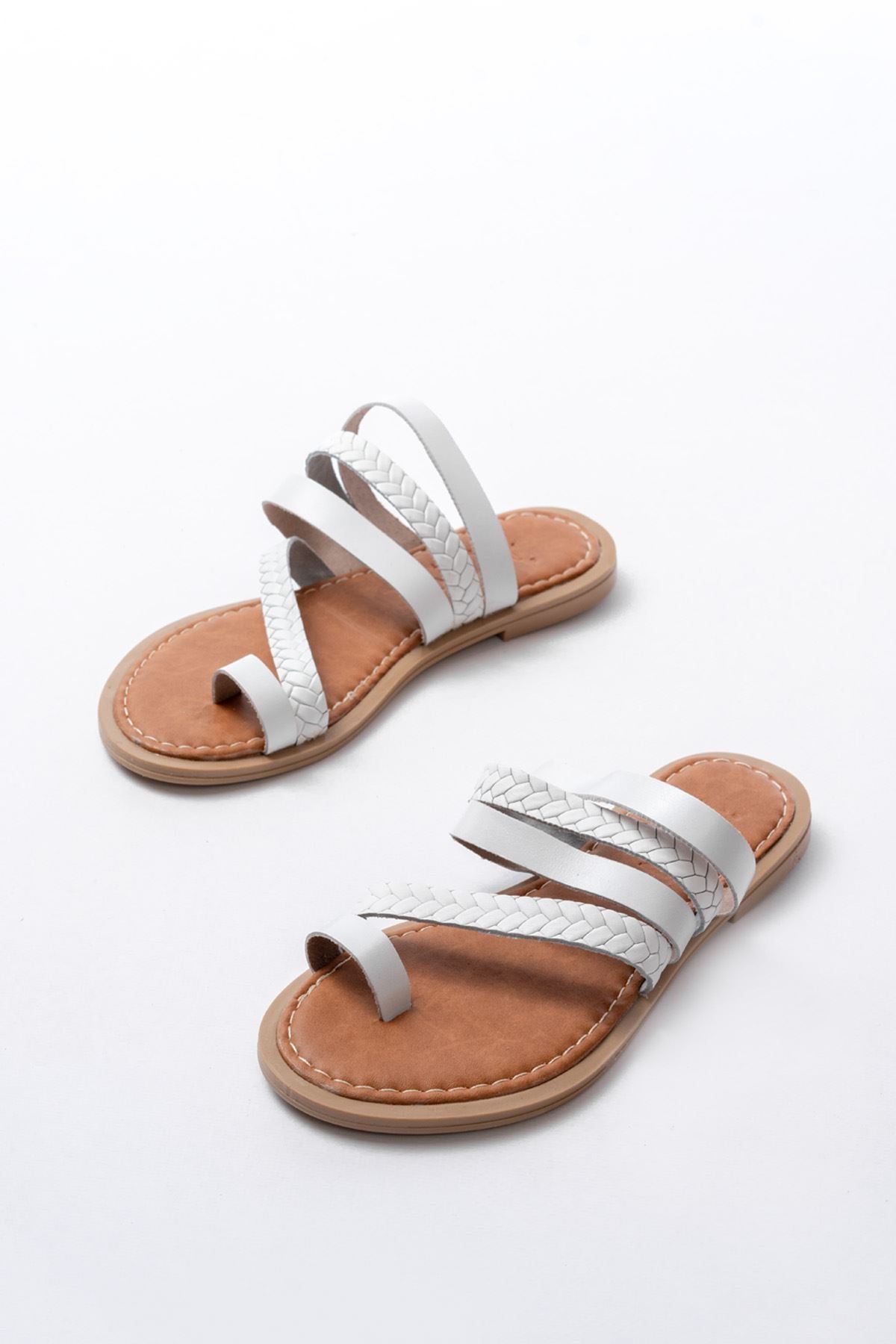 Ovenz Kadın Beyaz Örgülü Hakiki Deri Parmak Arası Terlik
