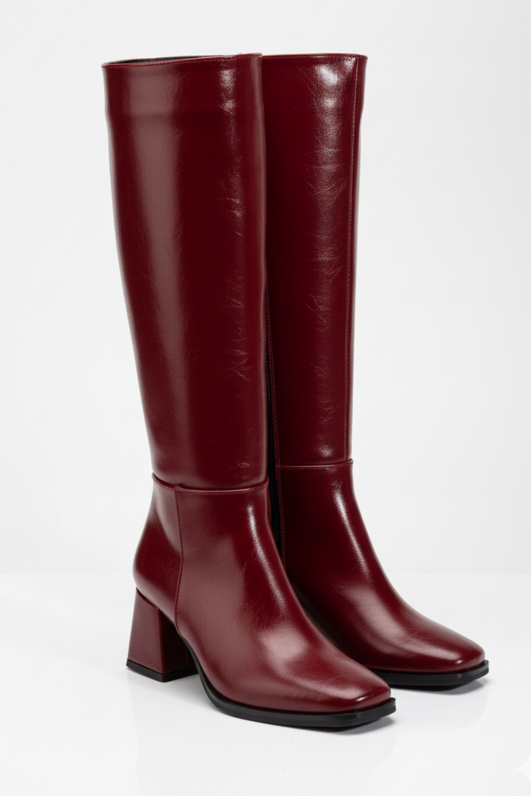Selora Kadın Bordo Kırışık Rugan Fermuarlı Topuklu Çizme