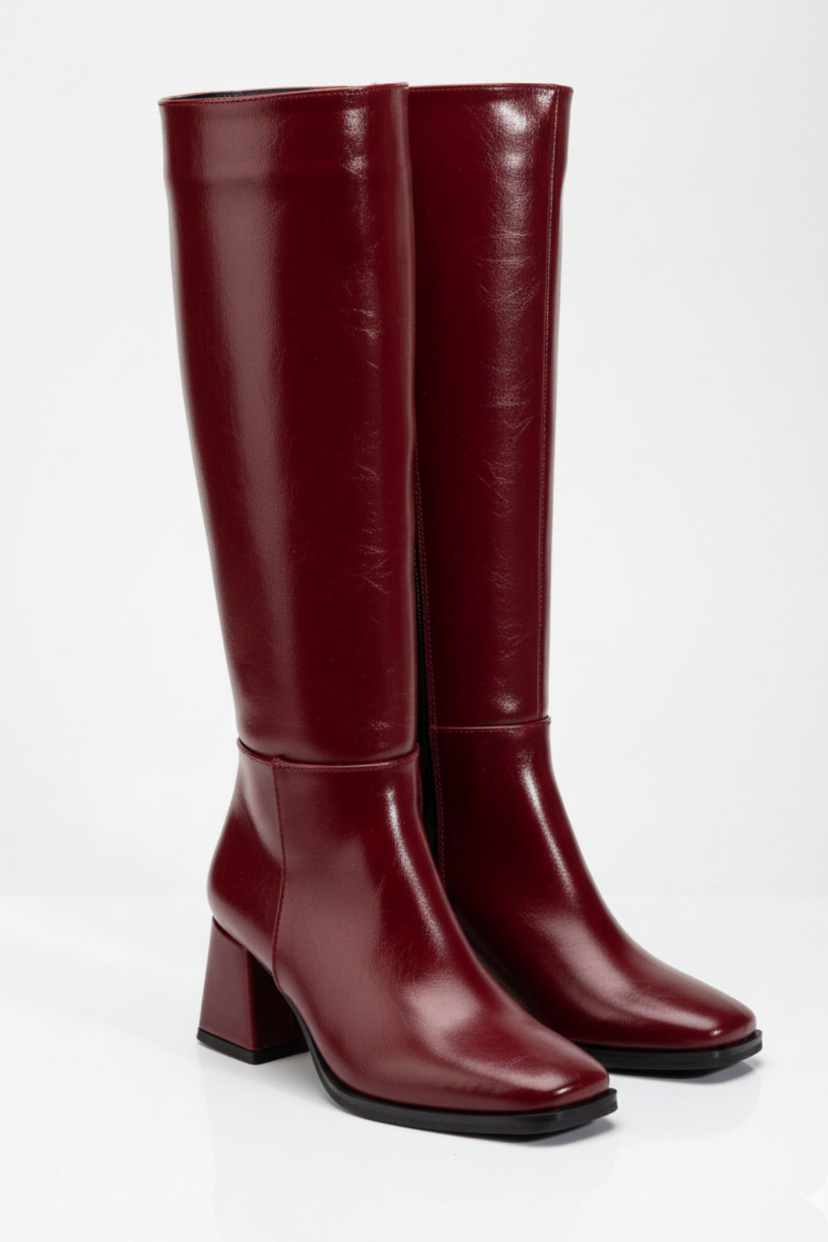 Selora Kadın Bordo Kırışık Rugan Fermuarlı Topuklu Çizme