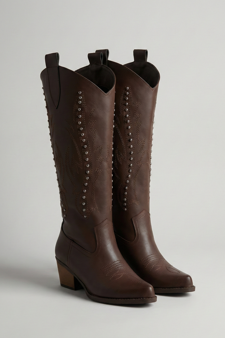 Meof Kadın Acı Kahve Nakış Detaylı Topuklu Çizme