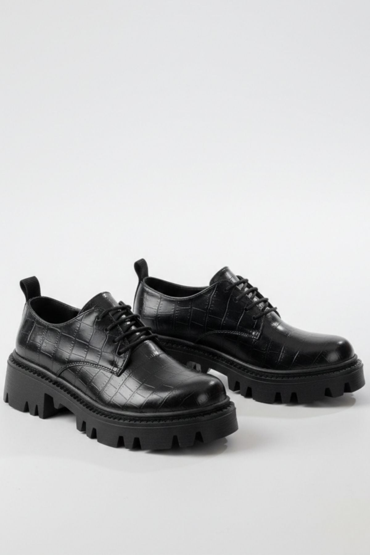 Apsely Siyah Kroko Bağcıklı Günlük Yüksek Tabanlı Loafer Ayakkabı