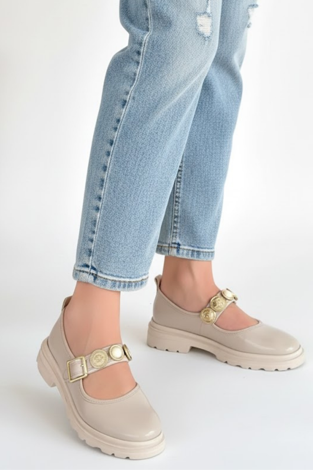 Okira Kadın Bej Rugan Tokalı Oxford Ayakkabı