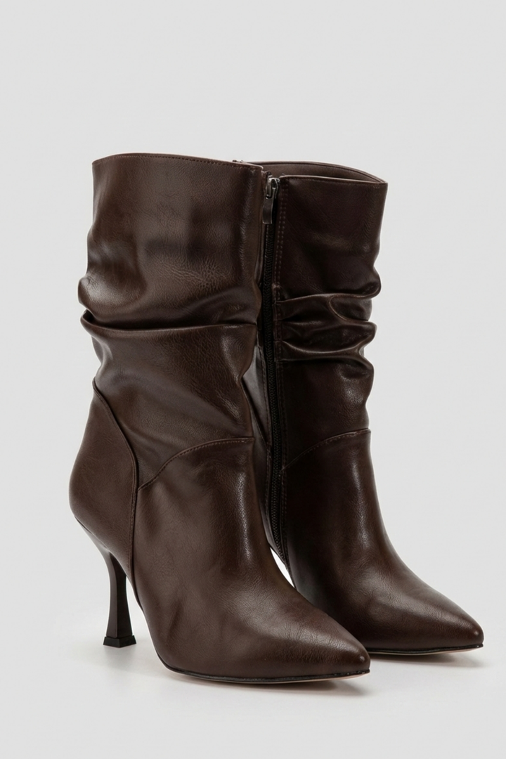 Admete Kadın Kahve Körüklü Yüksek İnce Topuklu Bot