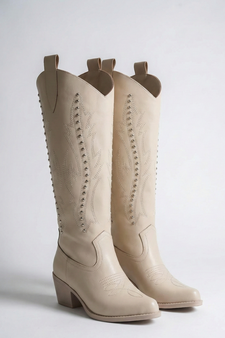 Meof Kadın Bej Nakış Detaylı Topuklu Çizme