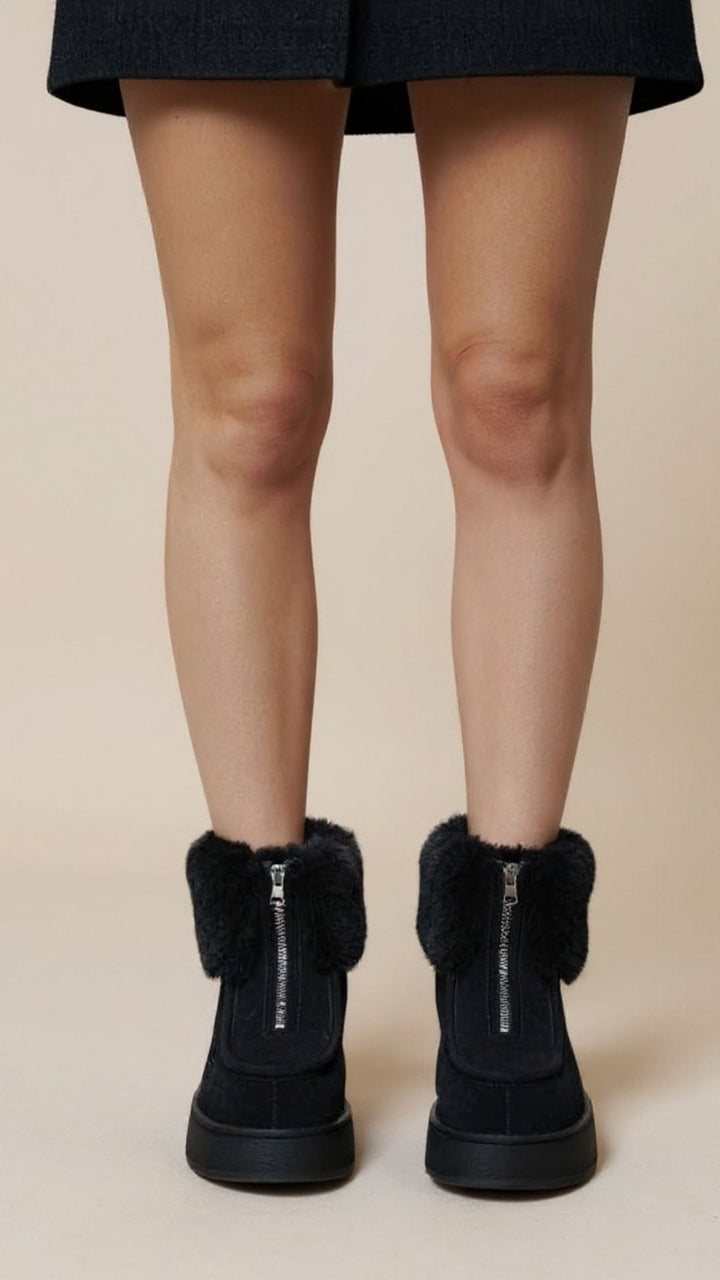 Zinya Kadın Siyah İçi Kürklü Önden Fermuarlı Süet Bot