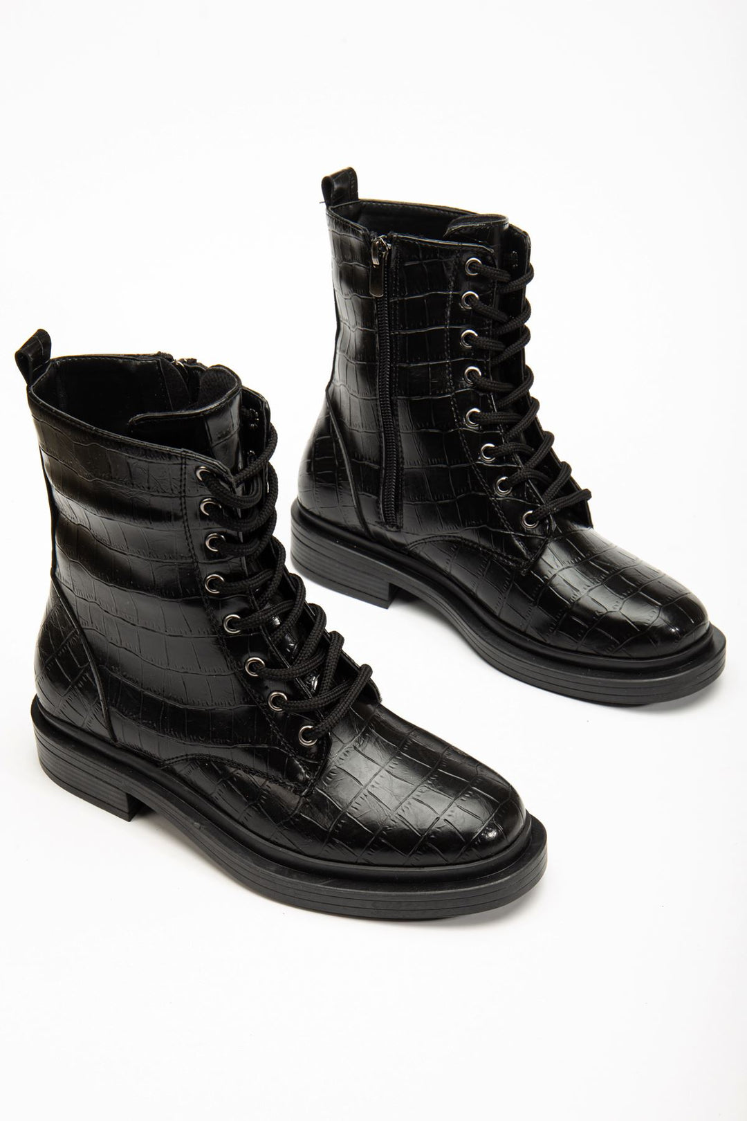 Payon Siyah Kroko Bağcıklı Fermuarlı Kadın Bot