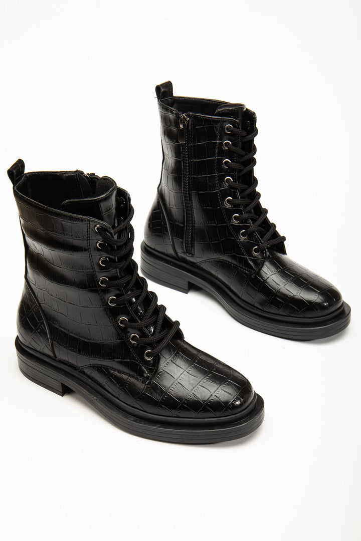 Payon Siyah Kroko Bağcıklı Fermuarlı Kadın Bot