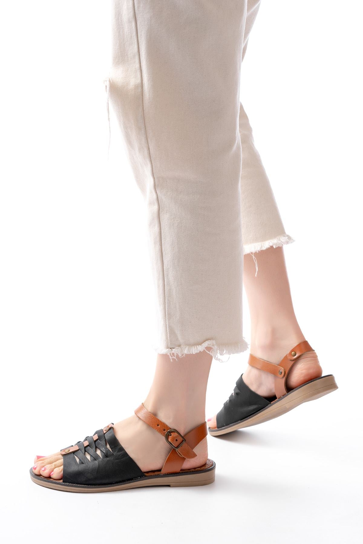 Cynikar Siyah Hakiki Deri Kadın Sandalet