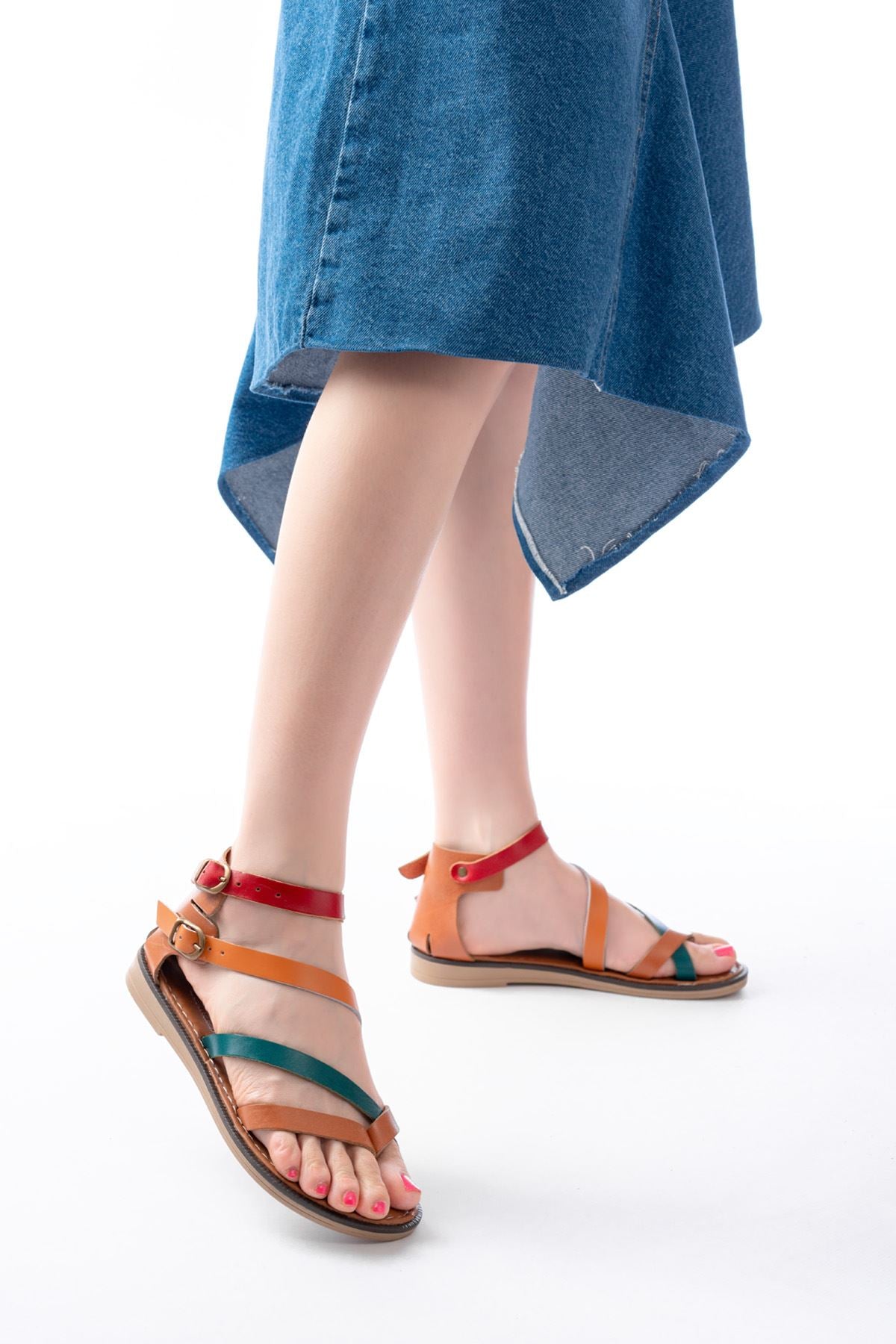 Leherty Taba Multi Bilekten Bağlamalı Parmak Arası Kadın Sandalet