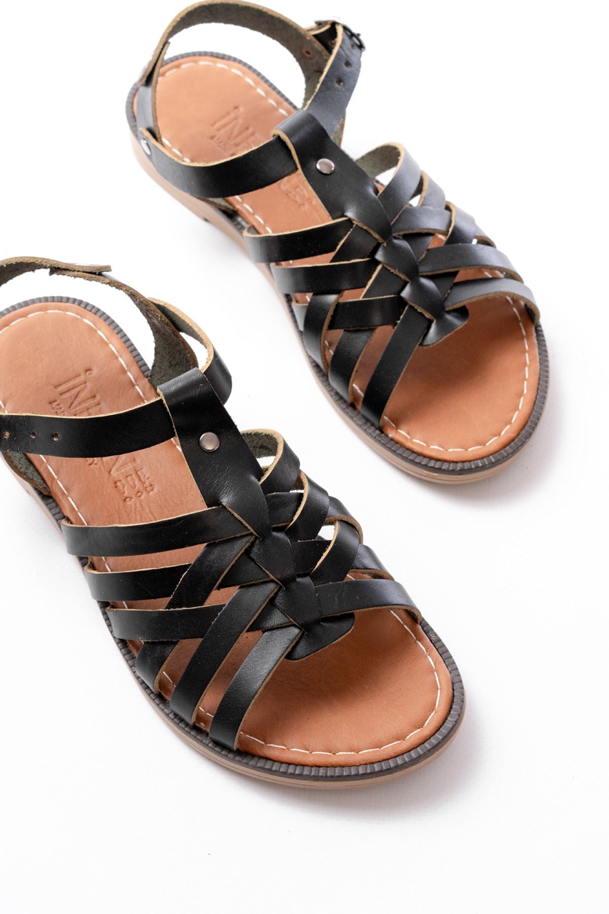 Tushan Siyah Hakiki Deri Taban Kadın Sandalet