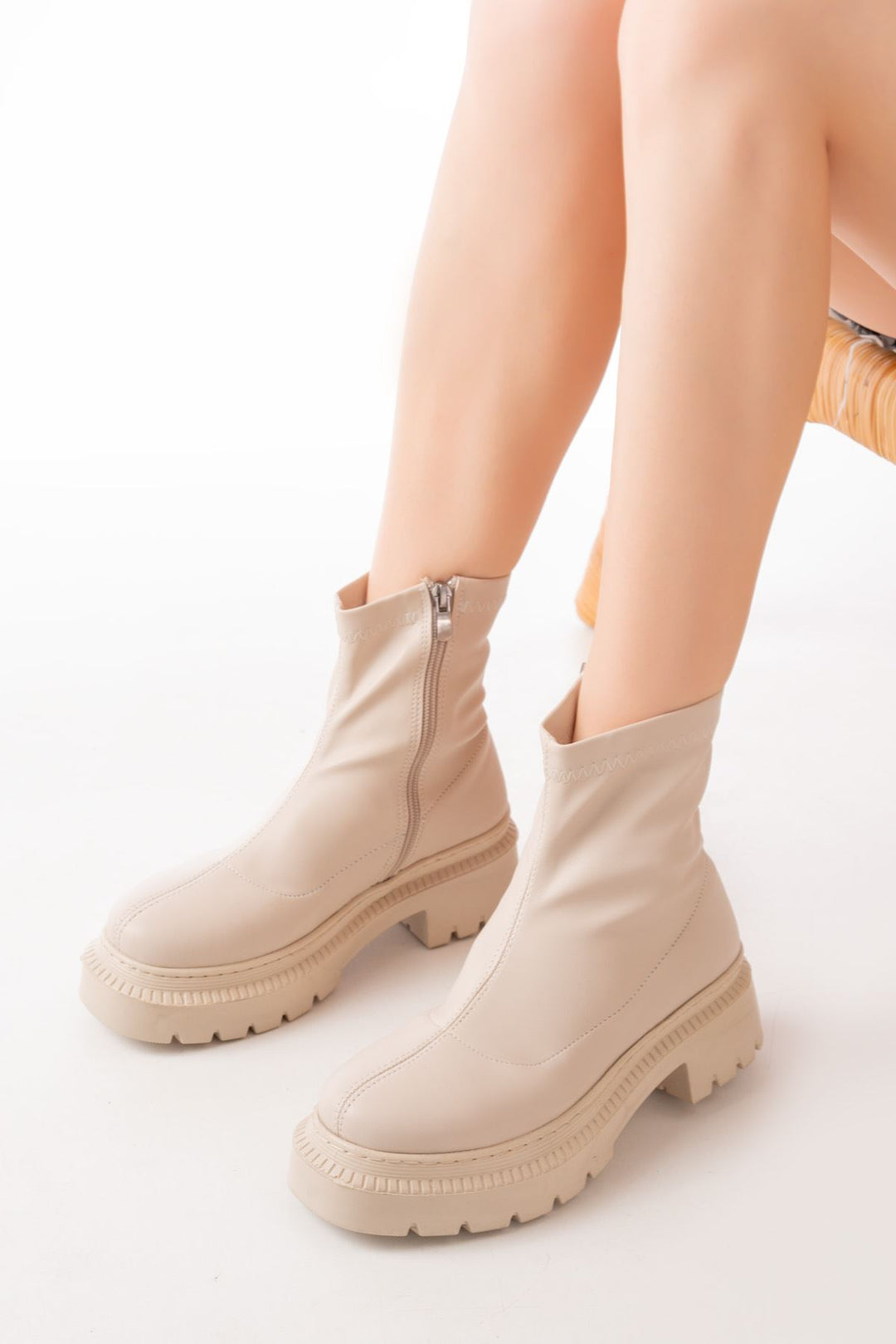 Tancez Bej Streç Fermuarlı Kadın Bot