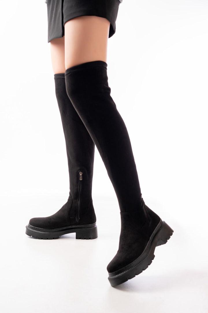 Lilyun Süet Streç Diz Üstü Fermuarlı Kadın Çizme