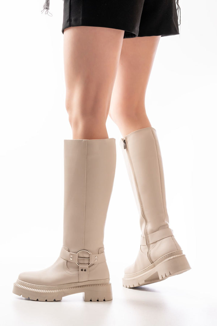 Lyord Bej Fermuarlı Kadın Çizme