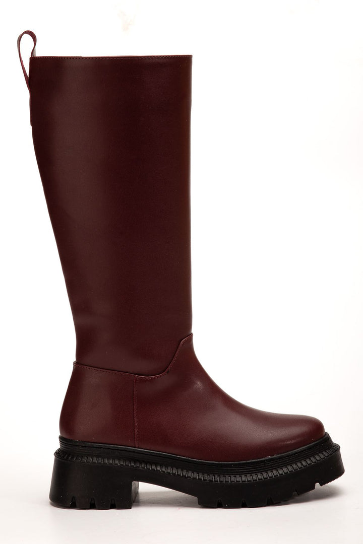 Yenney Bordo Kalın Topuklu Fermuarlı Kadın Çizme