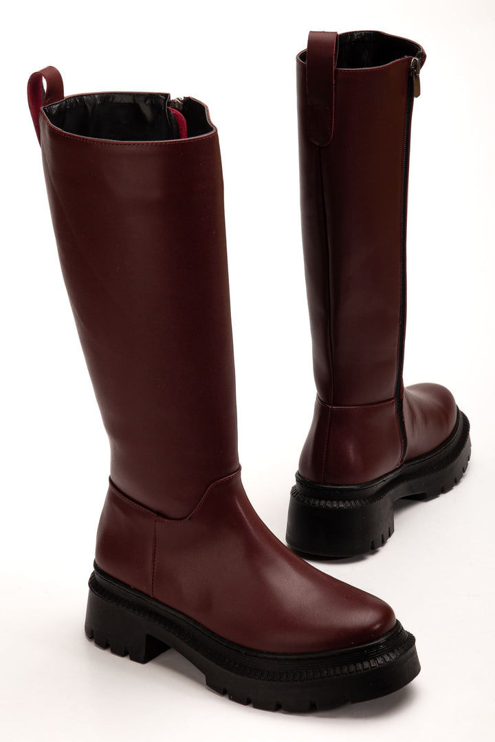 Yenney Bordo Kalın Topuklu Fermuarlı Kadın Çizme