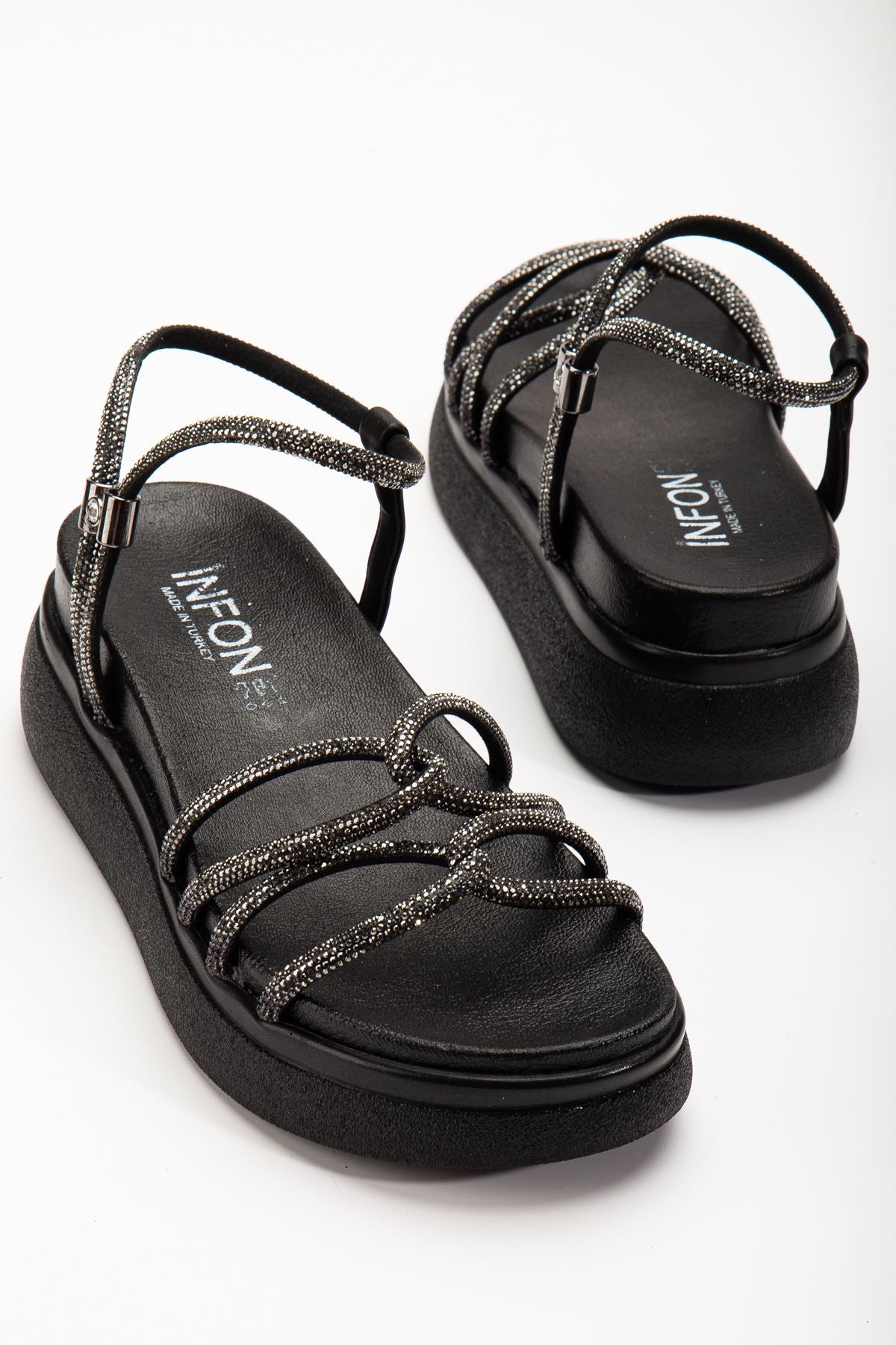 Ladeni Siyah Dolgu Topuk Taşlı Kadın Sandalet