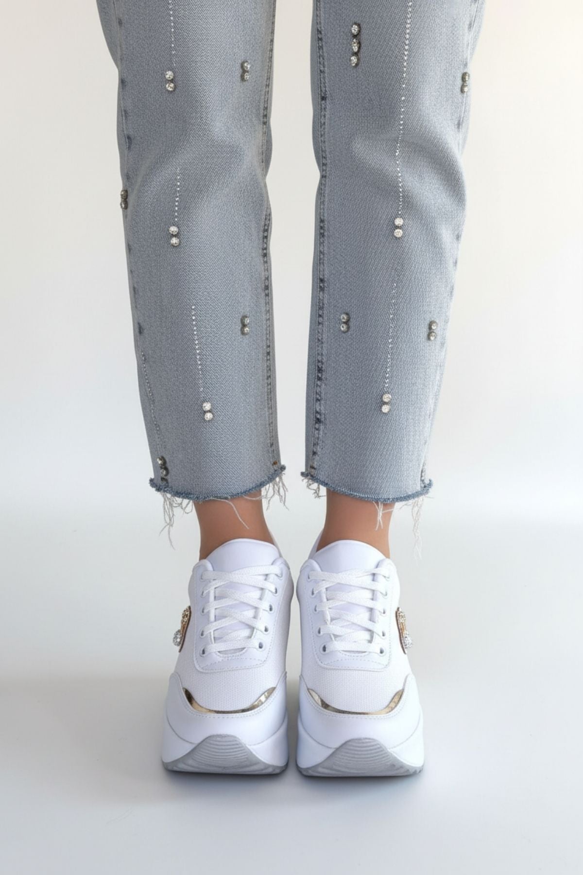 Wody Kadın Beyaz Simli Bağcıklı Gizli Topuklu Spor Ayakkabı