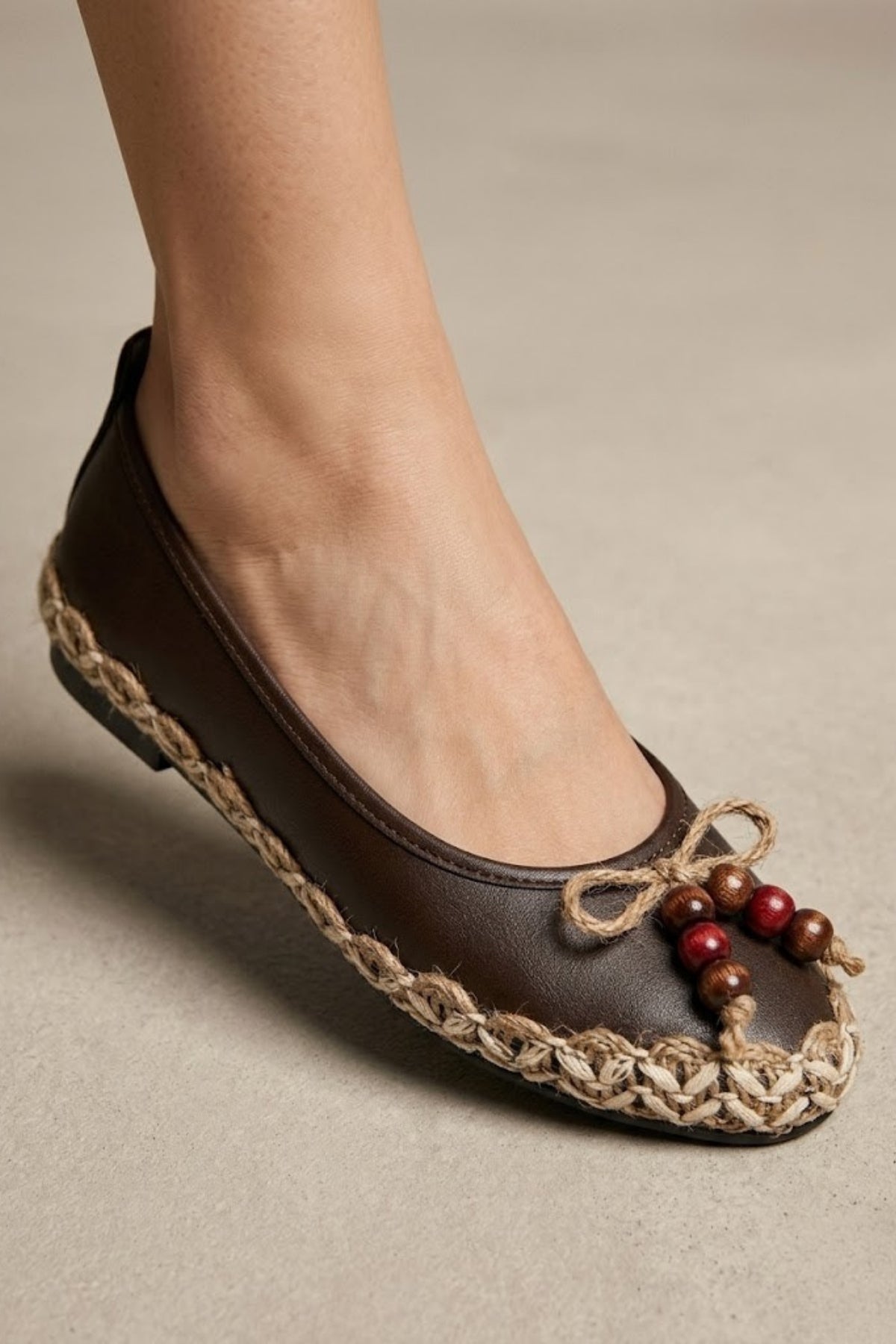 Ilwe Kadın Boncuk Detaylı Kahve Babet Ayakkabı