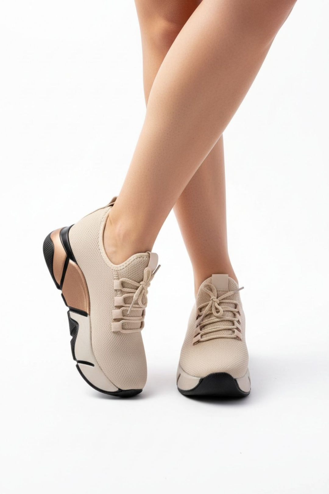 Brumli Bej Bağcıklı Fileli Renkli Taban Günlük Kadın Spor Ayakkabı RS-400BEJ